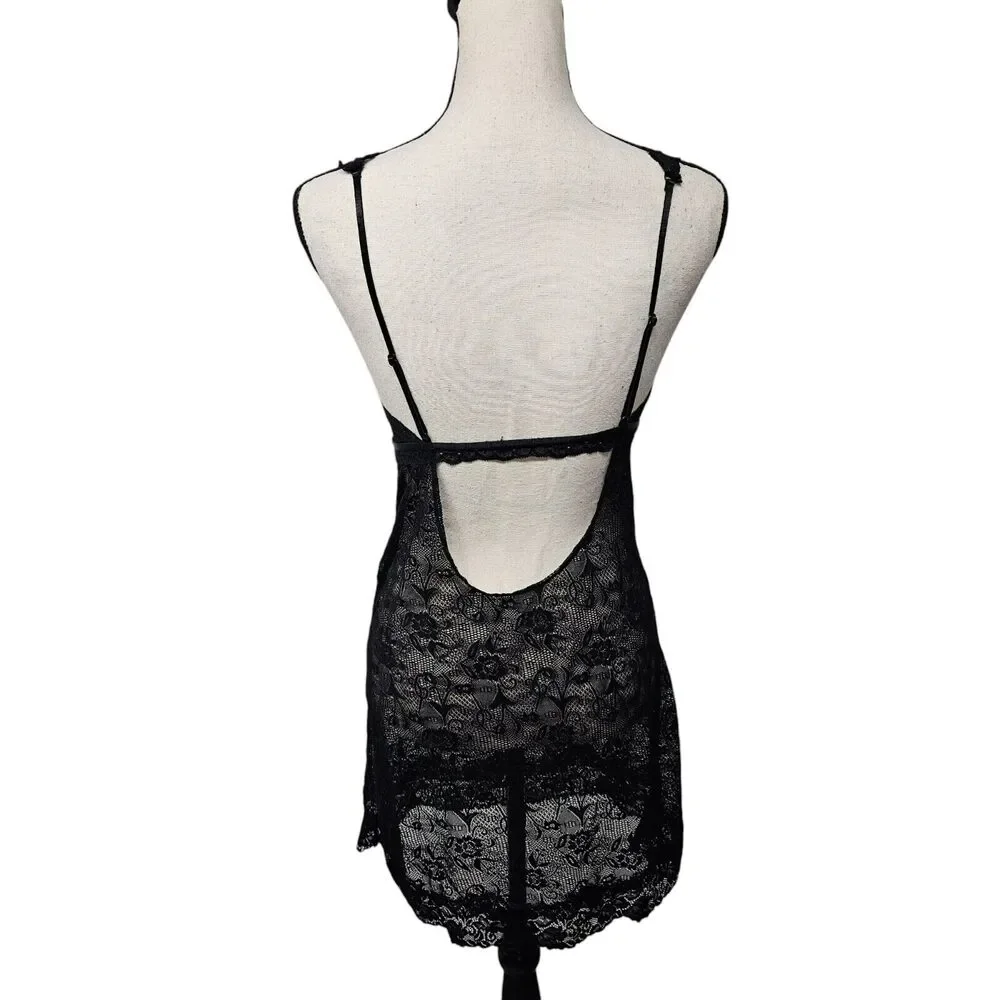 Vintage 90s Sexy Lingerie Nightgown Size Large Black Sheer Lace Slip Top Dress